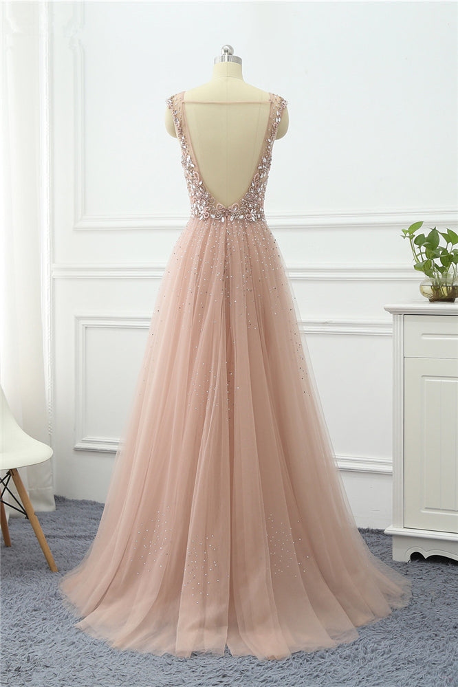 Pink Detachable Train Prom Dress Sleeveless V Neck Beaded Evening Dress