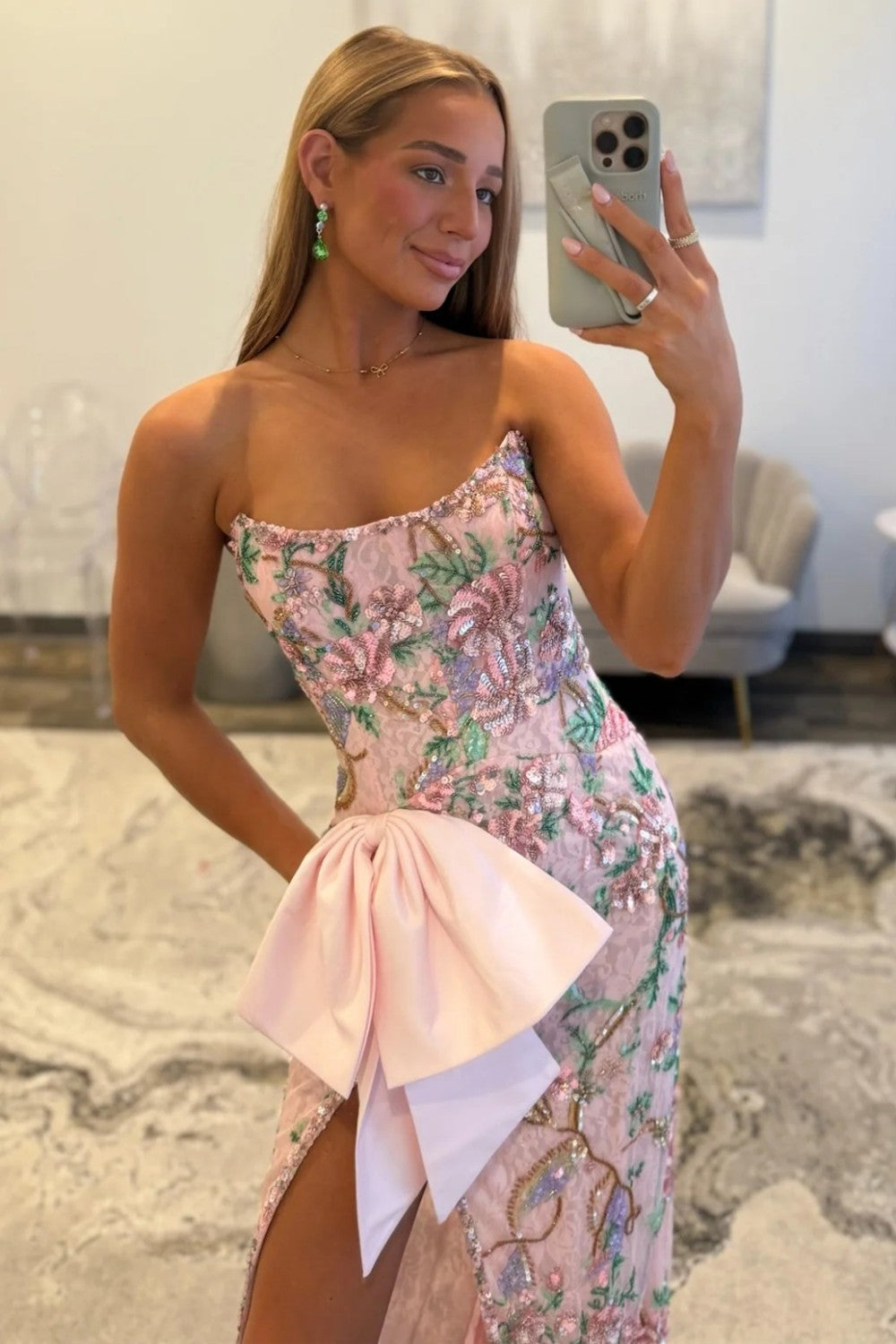 Pink Floral Embroidered Strapless Corset Prom Dress With Bow Detail And High Slit Formal Evening Gown