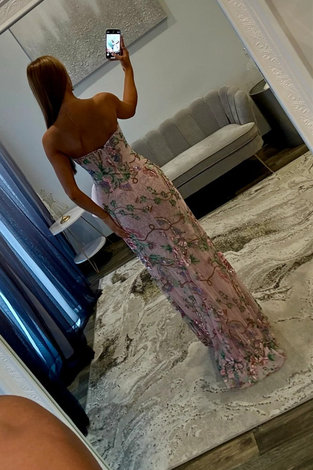 Pink Floral Embroidered Strapless Corset Prom Dress With Bow Detail And High Slit Formal Evening Gown