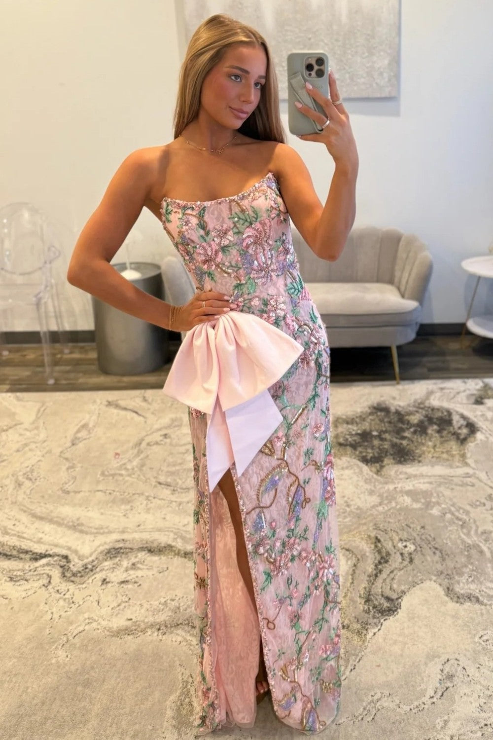 Pink Floral Embroidered Strapless Corset Prom Dress With Bow Detail And High Slit Formal Evening Gown