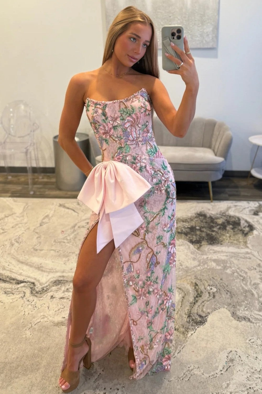 Pink Floral Embroidered Strapless Corset Prom Dress With Bow Detail And High Slit Formal Evening Gown