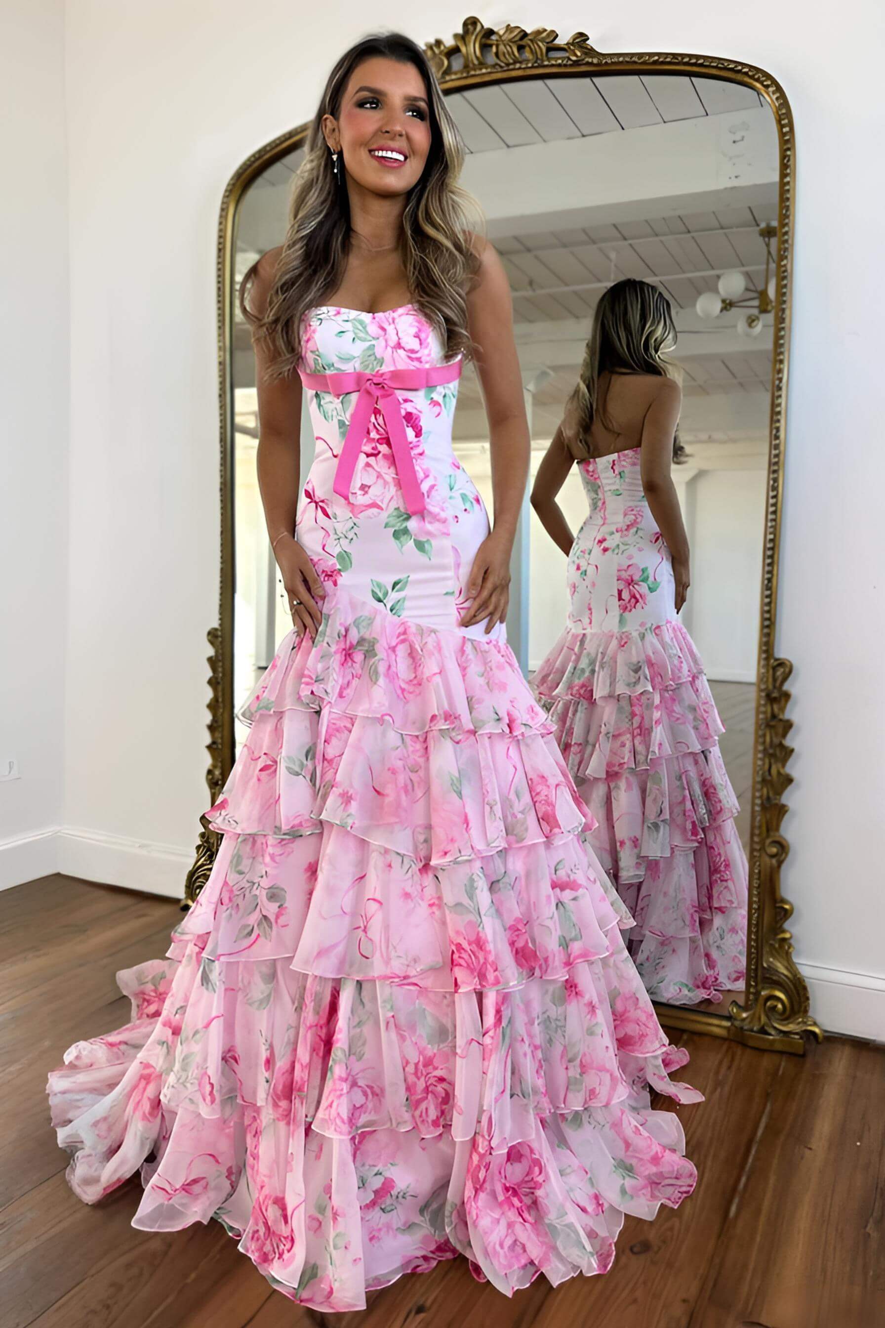 Blue Flower Prom Dress Sweetheart Mermaid Ruffled Long Formal Dress With Bow