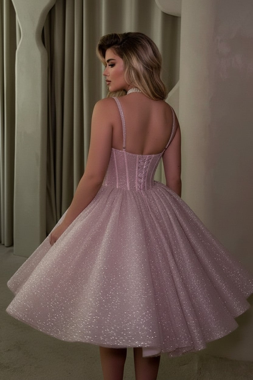 Pink Glitter Tulle A Line Homecoming Dress with Spaghetti Straps and Corset Bodice