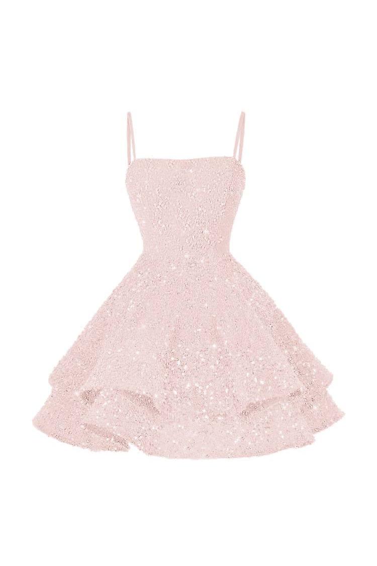 Pink Graduation Dress Spaghetti Straps Sleeveless Ball Gown Short Dress With Sequins