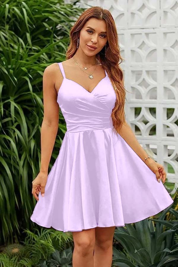 Pink Graduation Dress Spaghetti Straps Sleeveless V Neck Pleated Short Dress