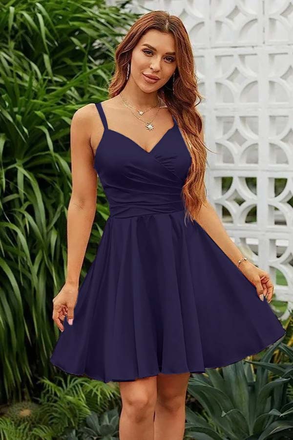 Pink Graduation Dress Spaghetti Straps Sleeveless V Neck Pleated Short Dress