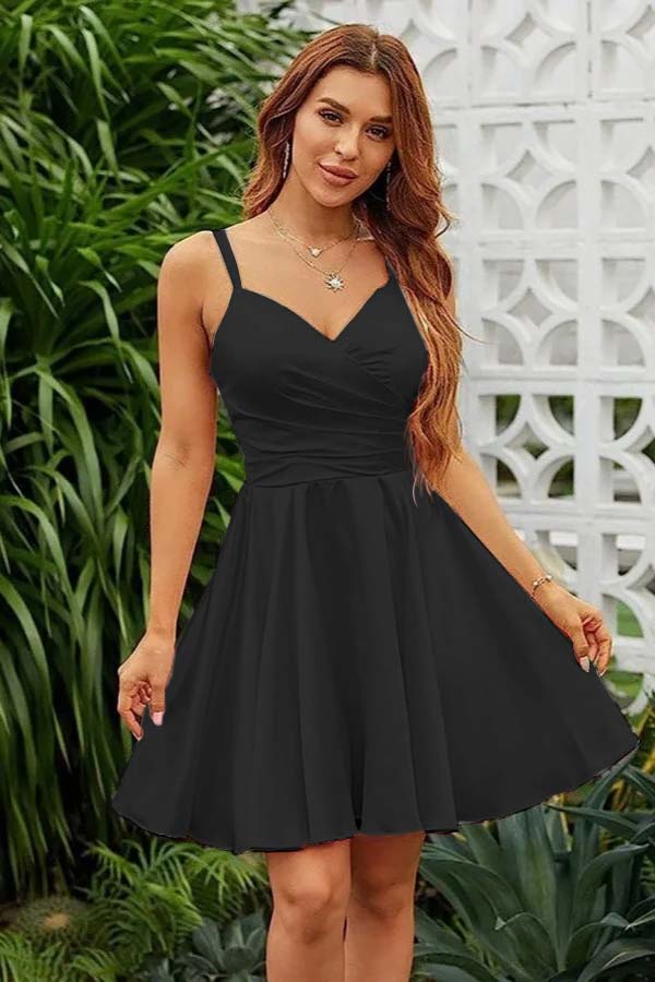 Pink Graduation Dress Spaghetti Straps Sleeveless V Neck Pleated Short Dress