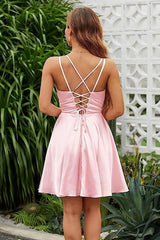 Pink Graduation Dress Spaghetti Straps Sleeveless V Neck Pleated Short Dress