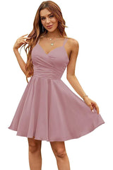 Pink Graduation Dress Spaghetti Straps Sleeveless V Neck Pleated Short Dress