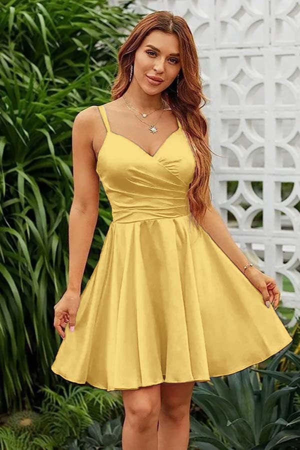 Pink Graduation Dress Spaghetti Straps Sleeveless V Neck Pleated Short Dress