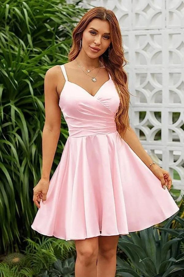 Pink Graduation Dress Spaghetti Straps Sleeveless V Neck Pleated Short Dress