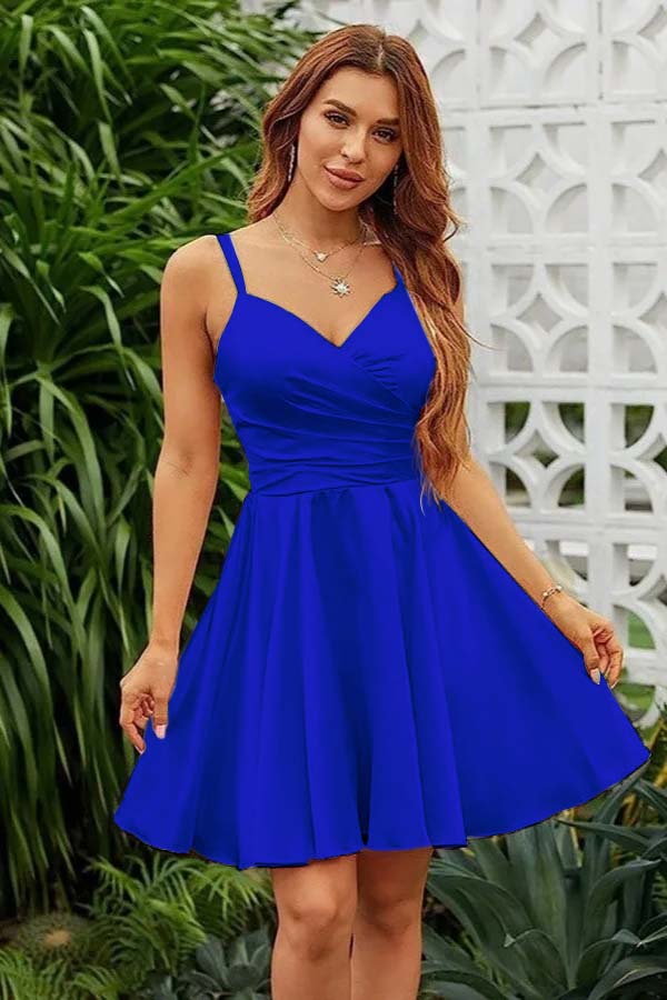 Pink Graduation Dress Spaghetti Straps Sleeveless V Neck Pleated Short Dress