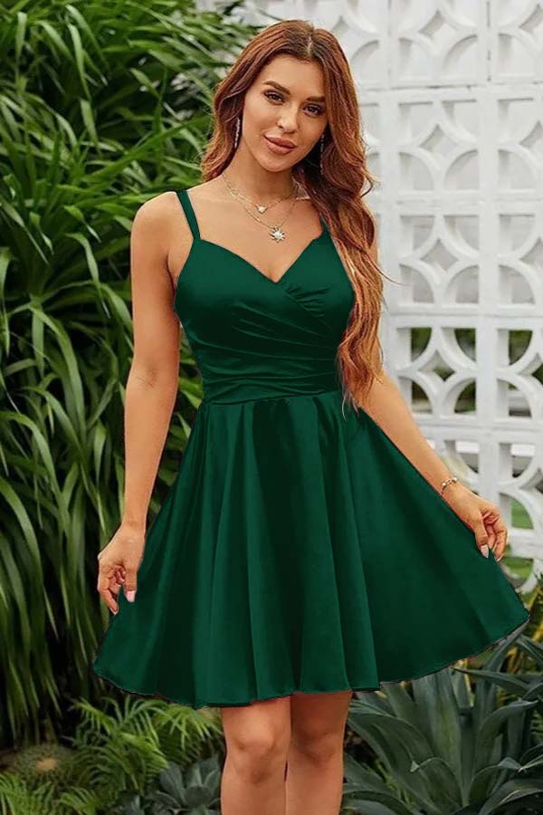 Pink Graduation Dress Spaghetti Straps Sleeveless V Neck Pleated Short Dress