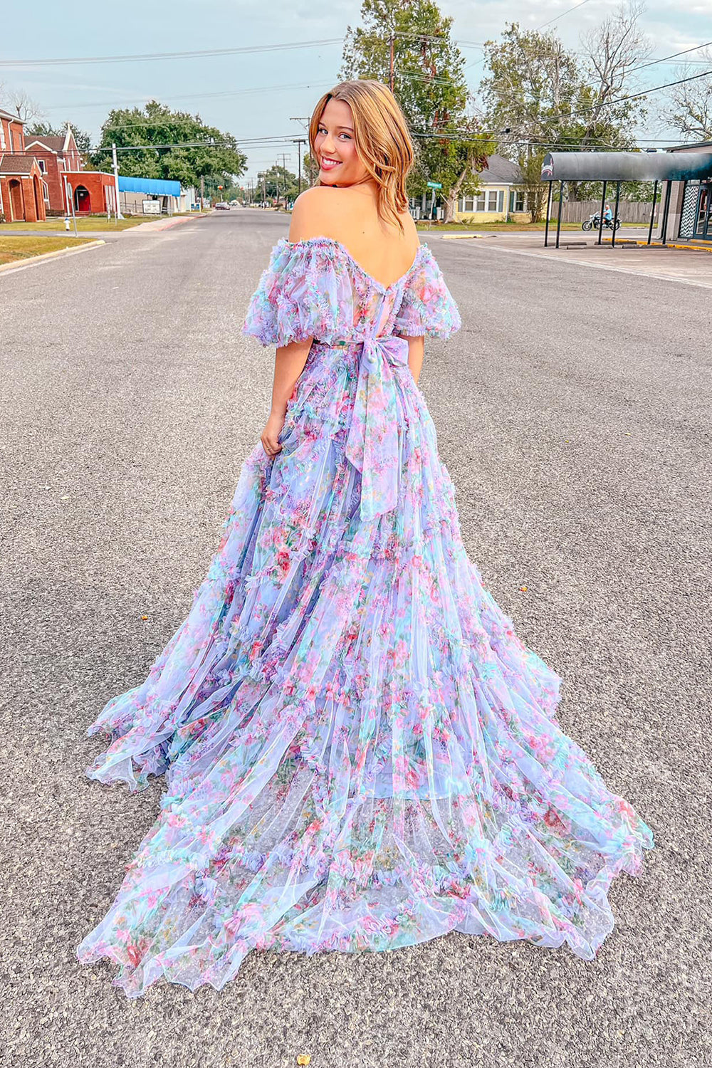 Pink Green Flower Off The Shoulder Prom Dress