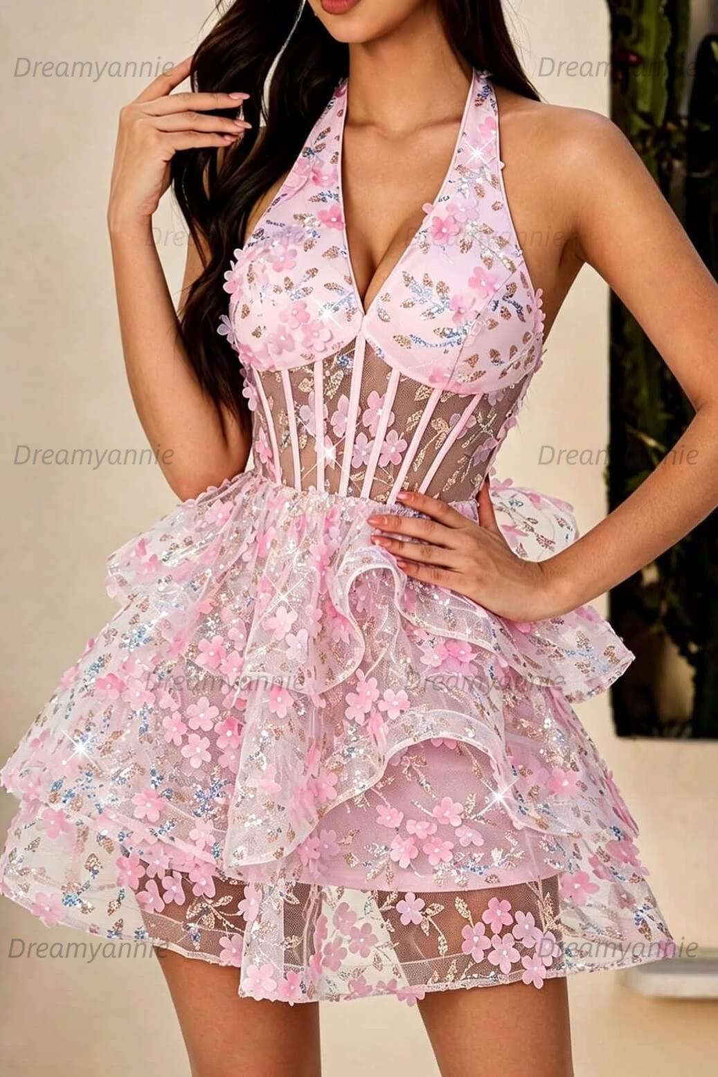 Pink Halter Deep V Corset Homecoming Dress with 3D Flowers & Tiered Tulle Skirt