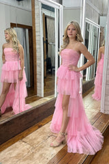 Pink Homecoming Dress Corset Strapless A Line High Low Short Cocktail Dress with Ruffles