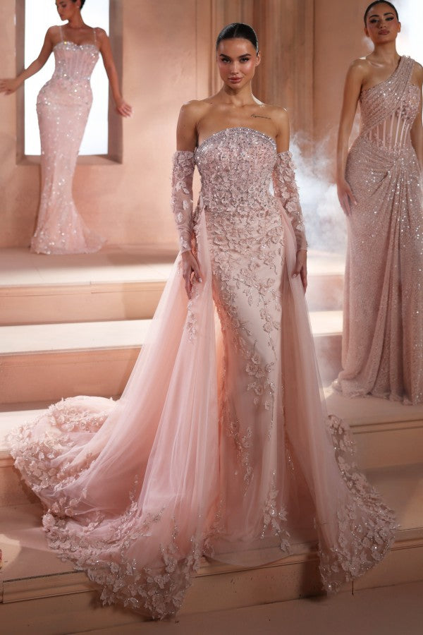 Pink Lace Mermaid Prom Dress with Tulle Overskirt and Detached Sleeves