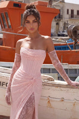 Pink Lace Mermaid Prom Dress with Twist Knot Waist and Lace-Up Back