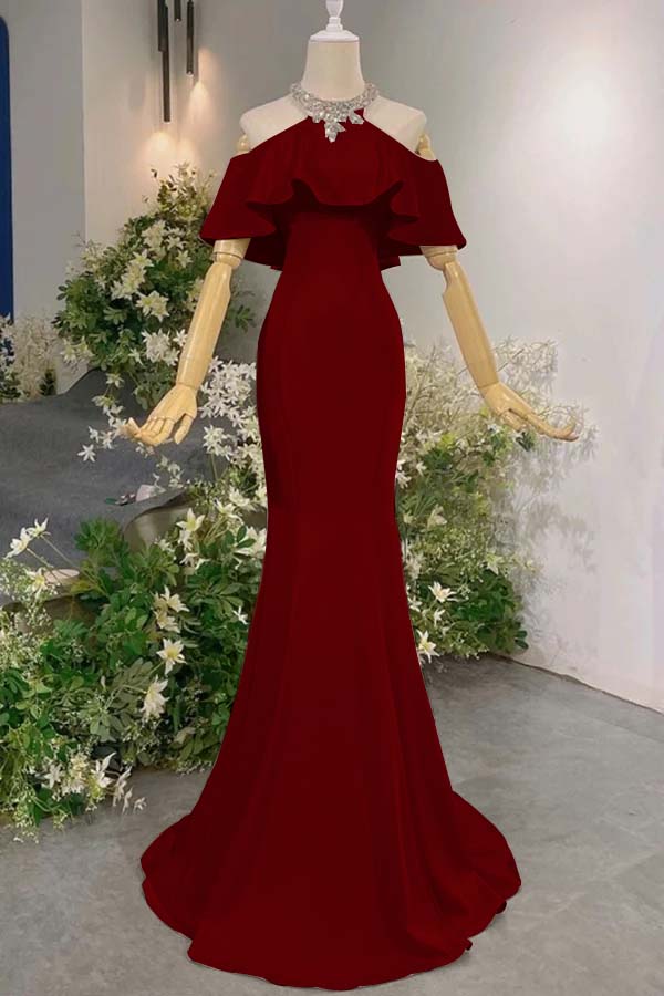 Pink Mermaid Prom Dress Halter Neck Beaded Evening Dress