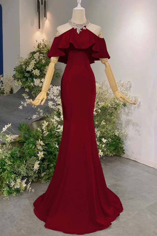 Pink Mermaid Prom Dress Halter Neck Beaded Evening Dress
