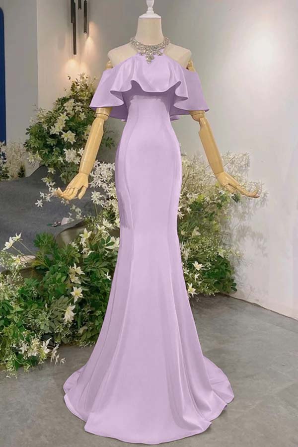 Pink Mermaid Prom Dress Halter Neck Beaded Evening Dress