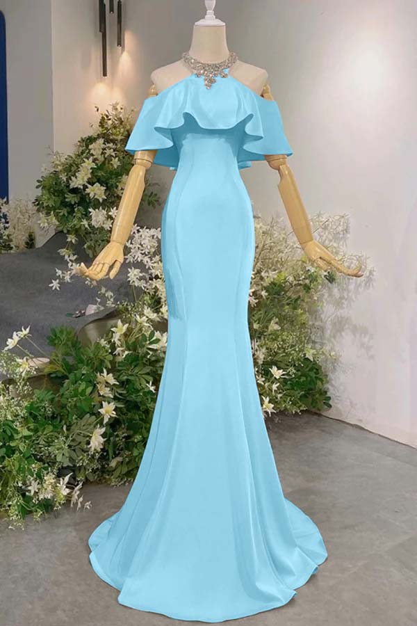 Pink Mermaid Prom Dress Halter Neck Beaded Evening Dress