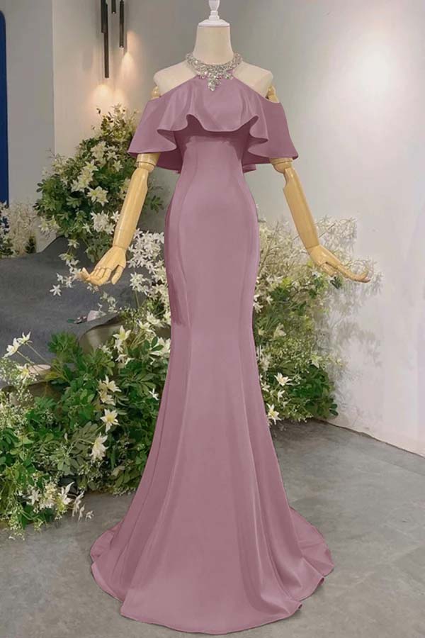 Pink Mermaid Prom Dress Halter Neck Beaded Evening Dress