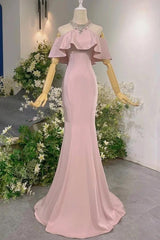 Pink Mermaid Prom Dress Halter Neck Beaded Evening Dress