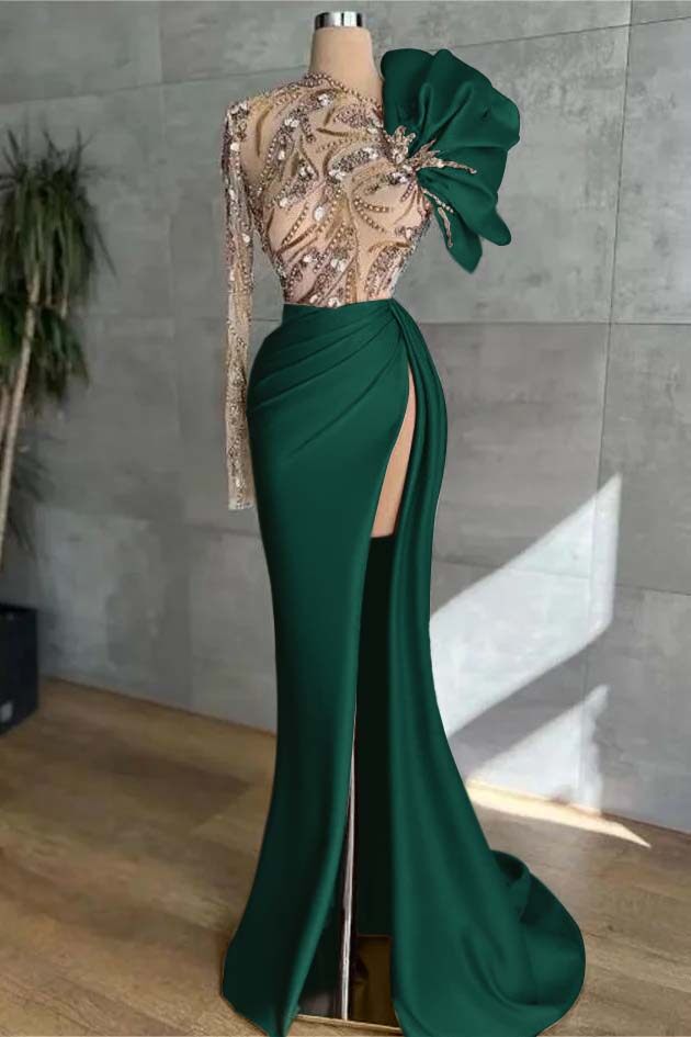 Pink Mermaid Prom Dress Long Sleeve Asymmetric Neck Beaded Evening Dress