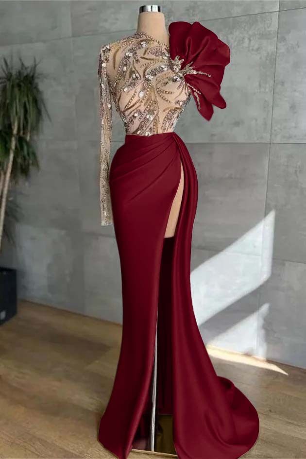Pink Mermaid Prom Dress Long Sleeve Asymmetric Neck Beaded Evening Dress