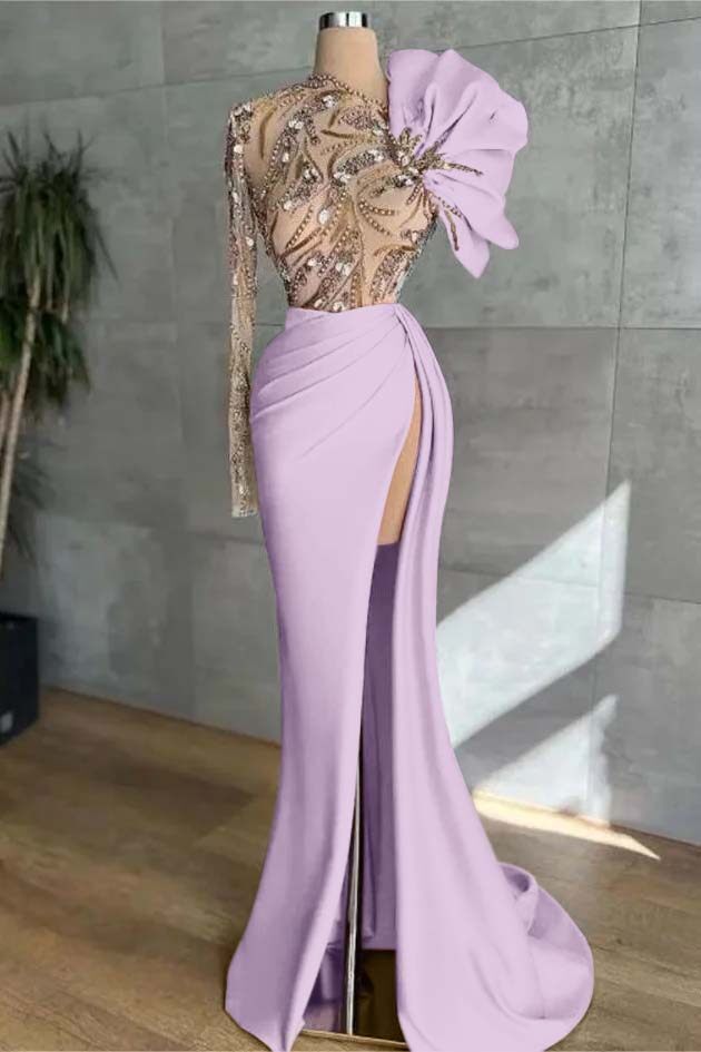 Pink Mermaid Prom Dress Long Sleeve Asymmetric Neck Beaded Evening Dress