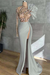 Pink Mermaid Prom Dress Long Sleeve Asymmetric Neck Beaded Evening Dress