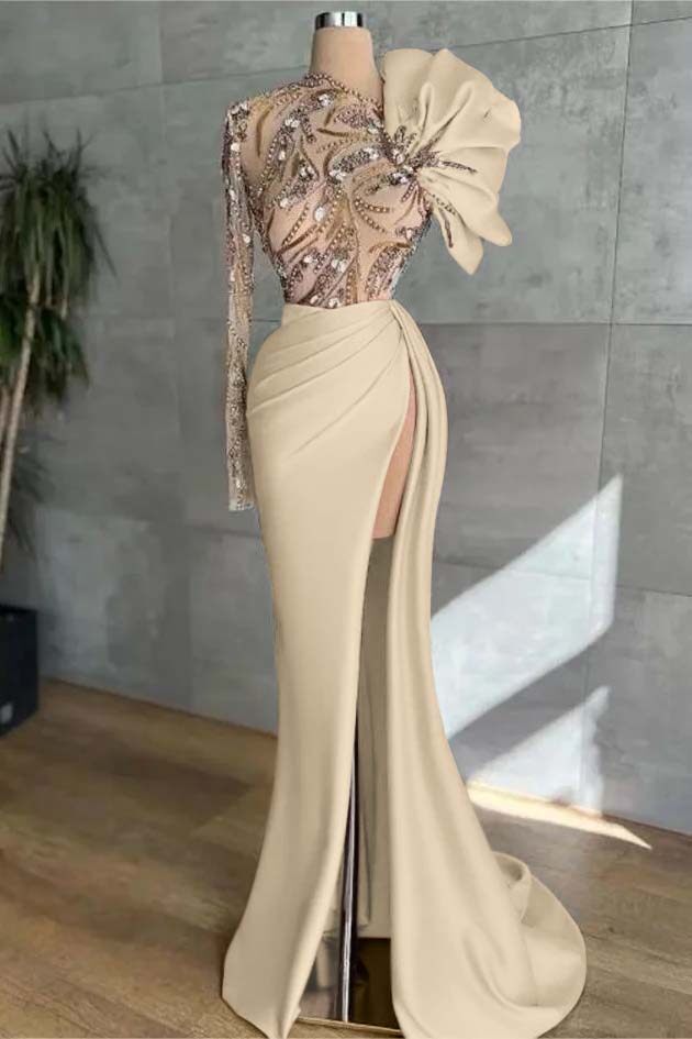 Pink Mermaid Prom Dress Long Sleeve Asymmetric Neck Beaded Evening Dress