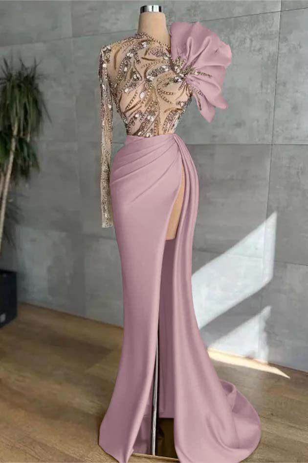 Pink Mermaid Prom Dress Long Sleeve Asymmetric Neck Beaded Evening Dress