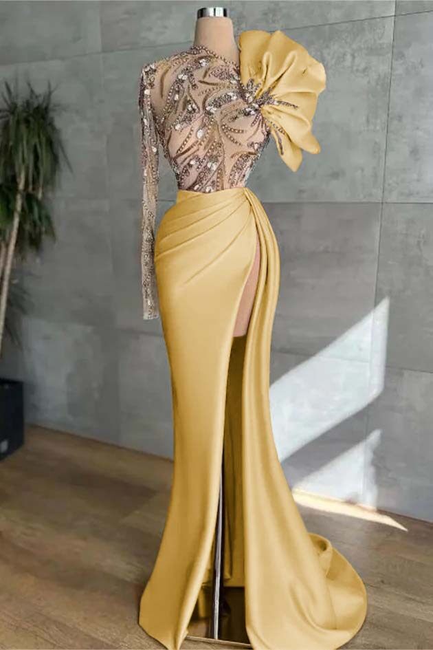 Pink Mermaid Prom Dress Long Sleeve Asymmetric Neck Beaded Evening Dress