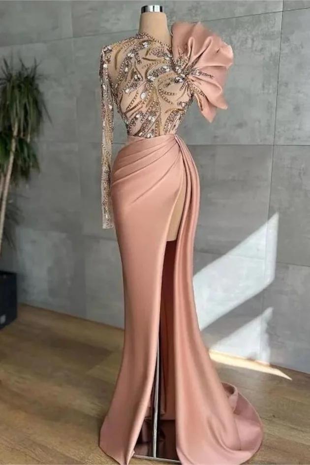 Pink Mermaid Prom Dress Long Sleeve Asymmetric Neck Beaded Evening Dress