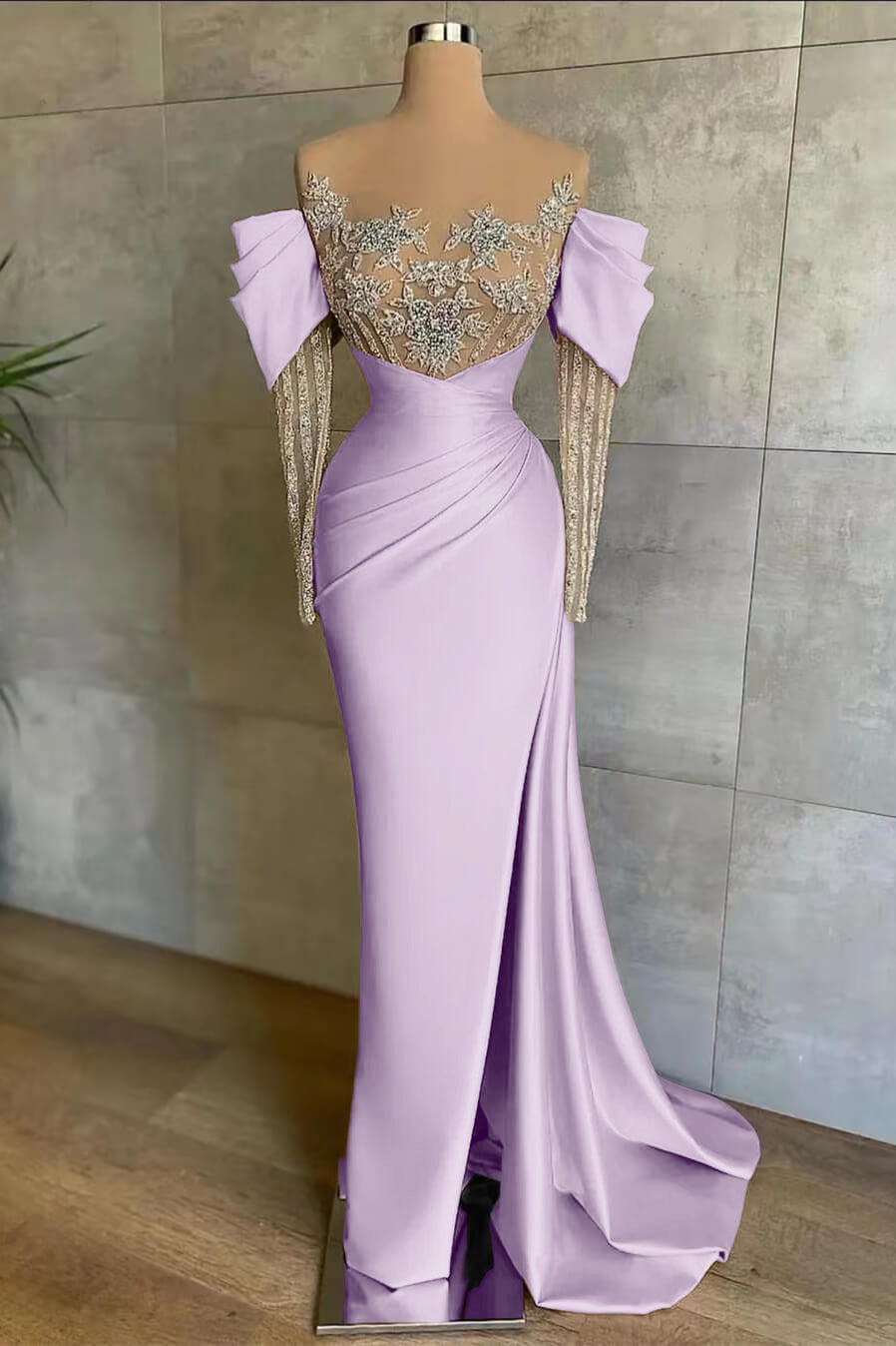 Pink Mermaid Prom Dress Long Sleeve Beaded Evening Dress