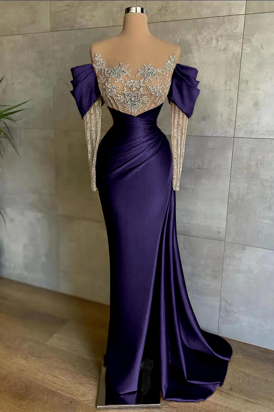 Pink Mermaid Prom Dress Long Sleeve Beaded Evening Dress