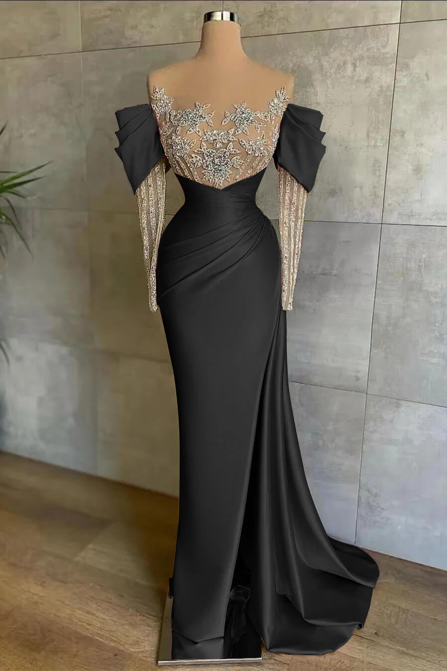 Pink Mermaid Prom Dress Long Sleeve Beaded Evening Dress