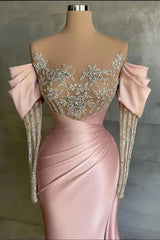 Pink Mermaid Prom Dress Long Sleeve Beaded Evening Dress