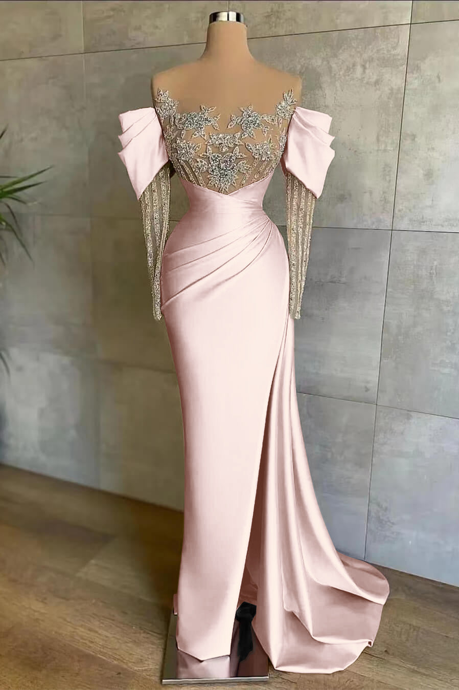 Pink Mermaid Prom Dress Long Sleeve Beaded Evening Dress