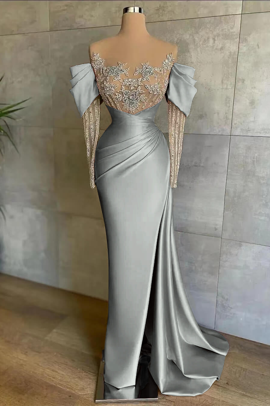 Pink Mermaid Prom Dress Long Sleeve Beaded Evening Dress