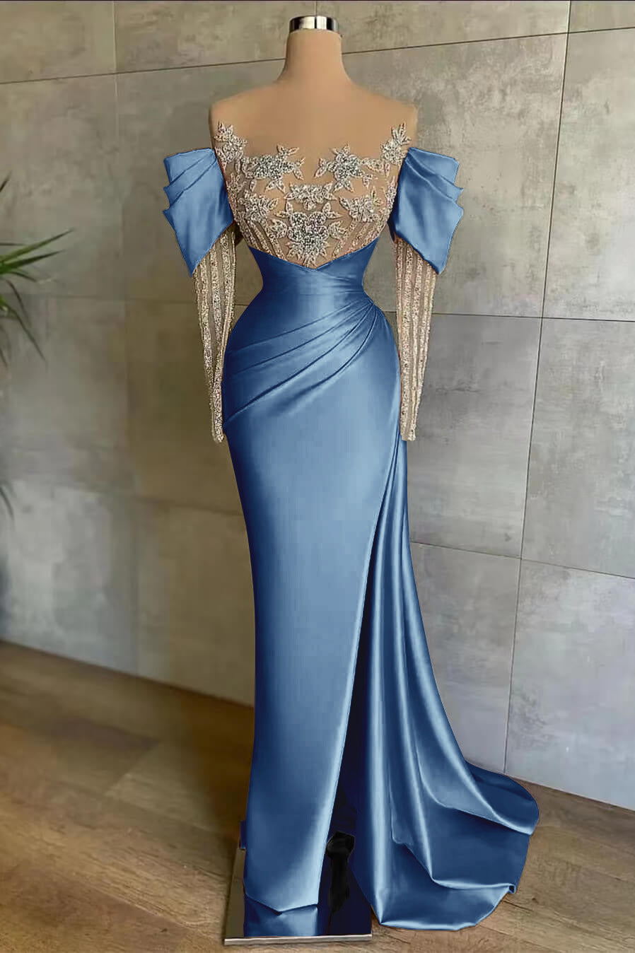 Pink Mermaid Prom Dress Long Sleeve Beaded Evening Dress