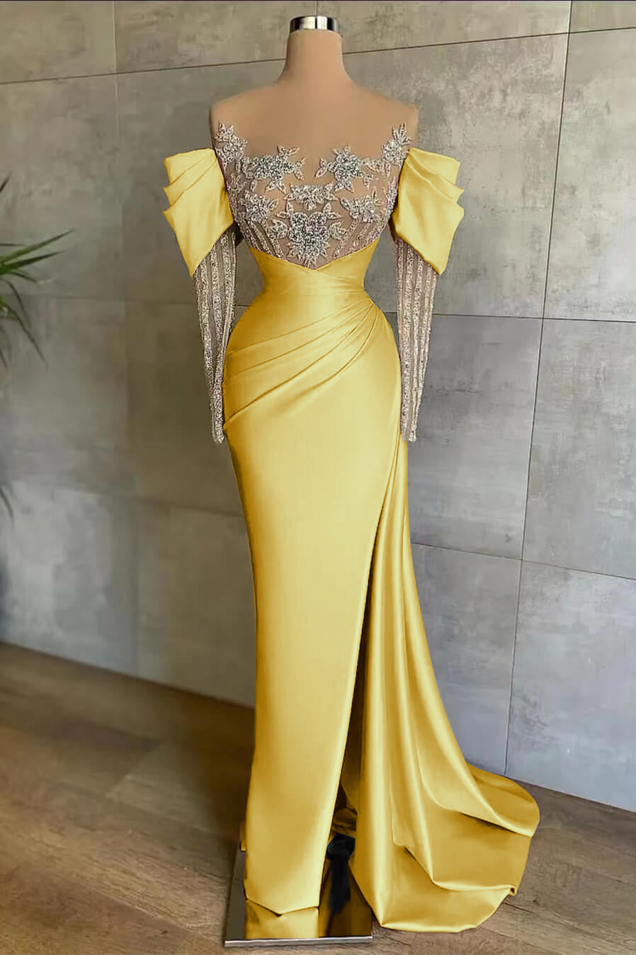 Pink Mermaid Prom Dress Long Sleeve Beaded Evening Dress