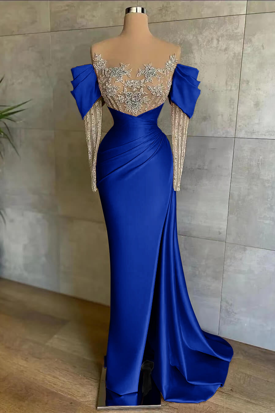 Pink Mermaid Prom Dress Long Sleeve Beaded Evening Dress