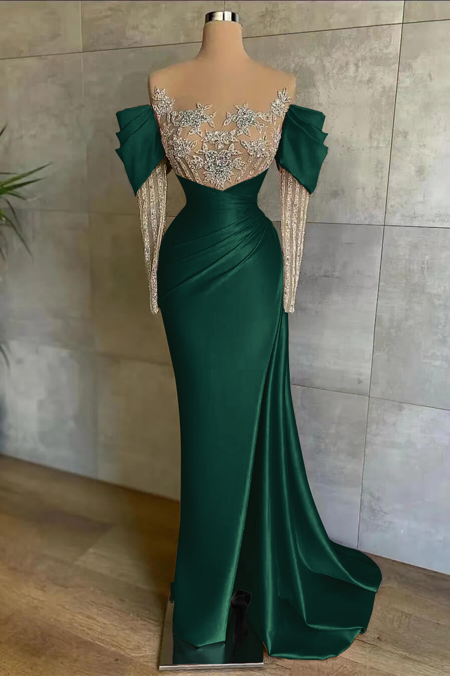 Pink Mermaid Prom Dress Long Sleeve Beaded Evening Dress