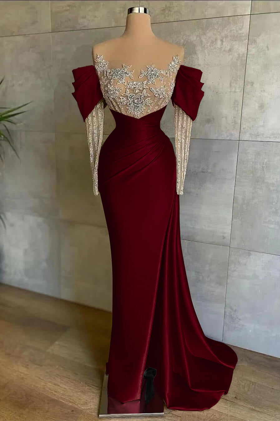 Pink Mermaid Prom Dress Long Sleeve Beaded Evening Dress