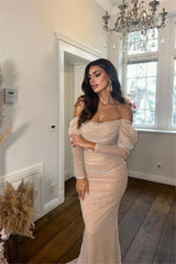 Pink Mermaid Prom Dress Long Sleeve Off the Shoulder Sequined Evening Dress