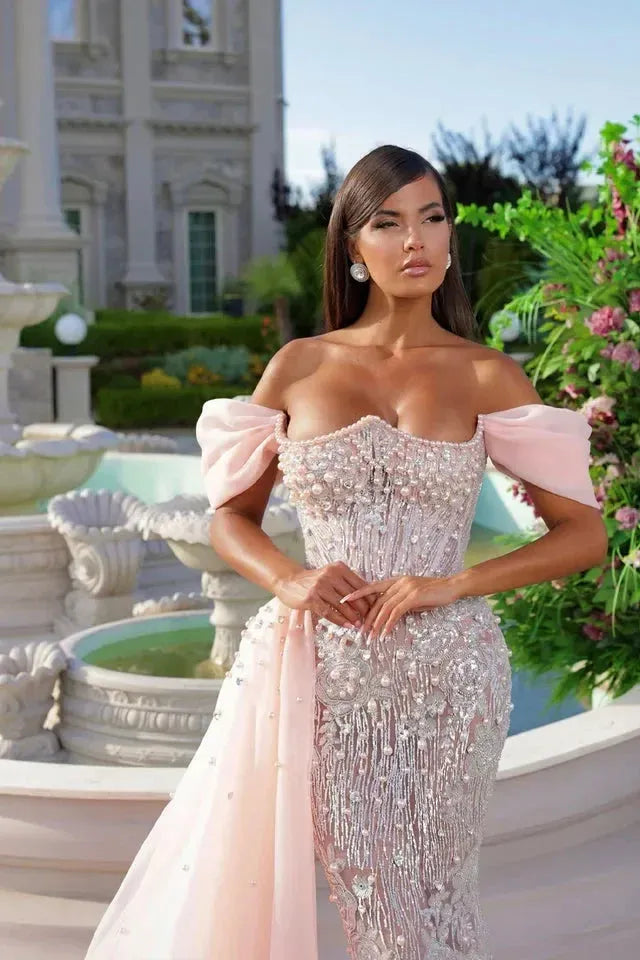 Pink Mermaid Prom Dress Off the Shoulder Beaded Evening Dress