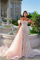 Pink Mermaid Prom Dress Off the Shoulder Beaded Evening Dress